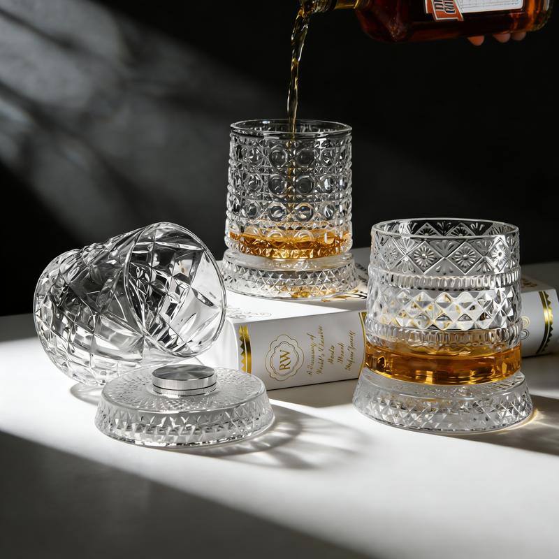 * 360 Degree Rotating Whiskey Glass, Crystal Cocktail Cup, Stress Relief Spinning Tumbler